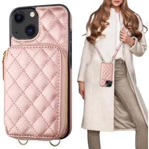 Bocasal Crossbody Wallet Case for iPhone 13, RFID Blocking PU Leather Zipper Handbag Purse Flip Cover, Kickstand Folio Case with Card Slots Holder Wrist Strap Lanyard 5G 6.1 Inch (Rose Gold)