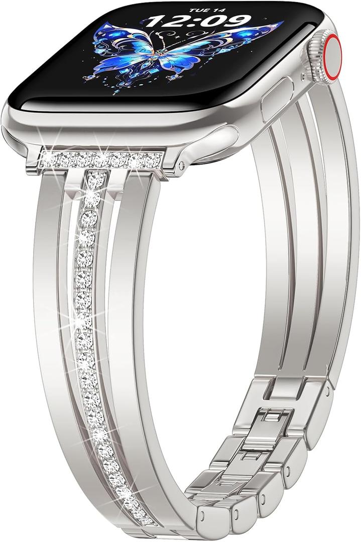 AIRSPO Slim Gold Band Compatible with Apple Watch 38mm 40mm 41mm 42mm 44mm 45mm 46mm Women Thin Metal Strap Dressy Jewelry Bracelet with Bling Diamond for iWatch Bands Series 11 10 9 8 7 6 5 4 3 SE (Starlight)