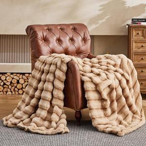 Faux Fur Throw Blanket for Couch - Luxurious Faux Rabbit Fur Bed Blanket Reversible - Cozy Warm Fluffy Fuzzy Plush Striped Blanket for Sofa Bedroom Living Room - 60x80 Inches Khaki