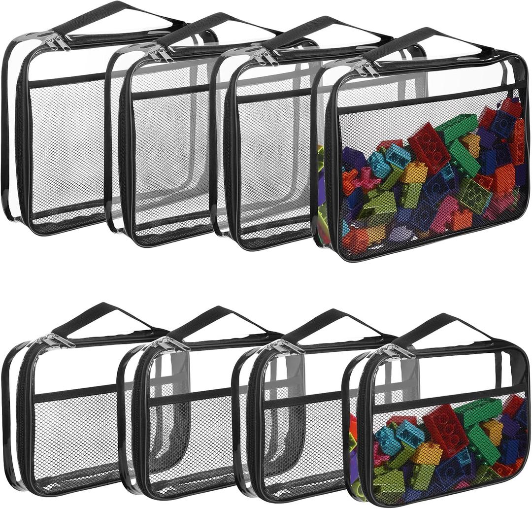 8 Packs Toy Storage Bags with Zipper, Reusable Clear PVC Board Game Storage, Travel Waterproof Organizer Bags with Portable Handle for Building Blocks, Bricks, Puzzles, Books (Large+Small, Black)