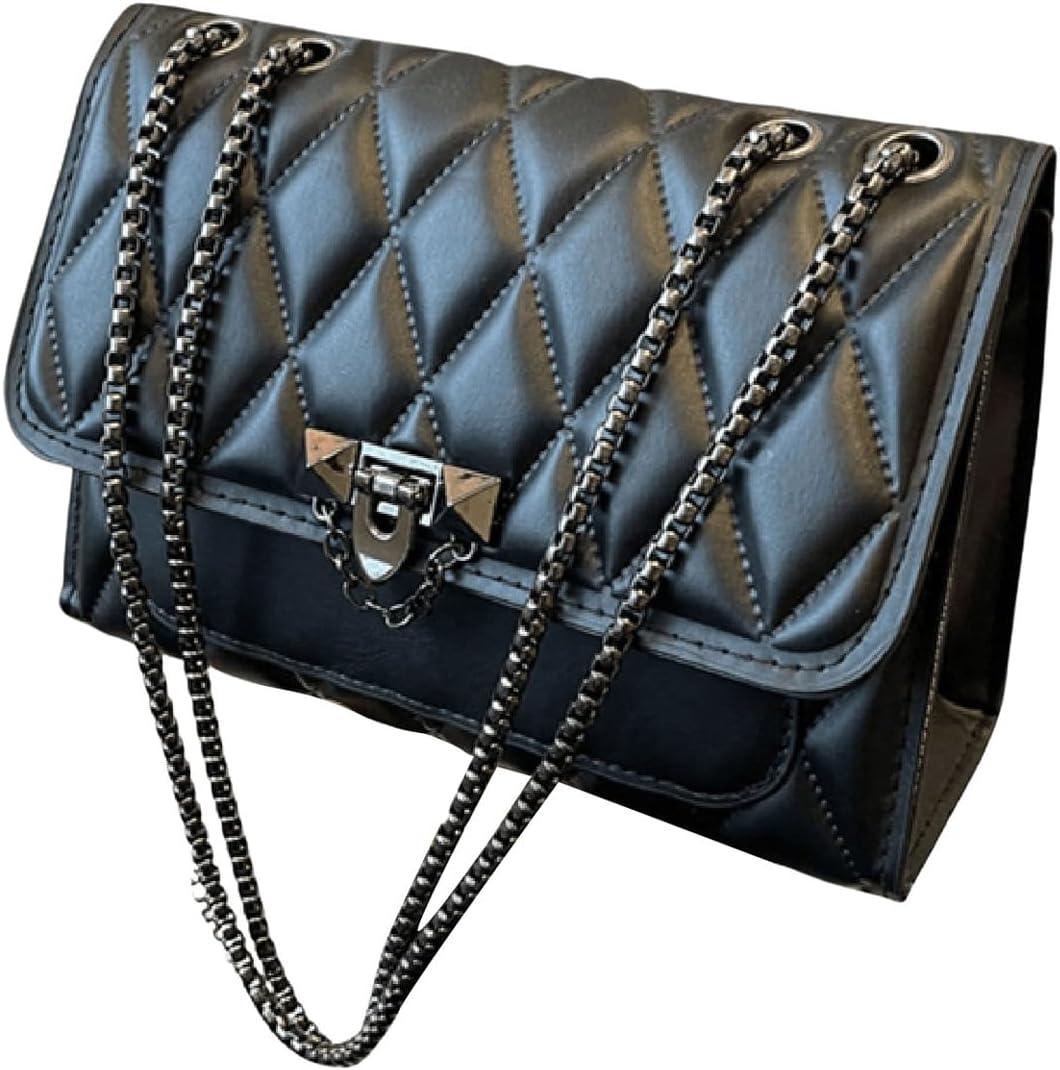 Women's Diamond Lattice Flap Square Underarm Bag Elegant Chain Strap Shoulder Handbag Hobo Purse (Black)
