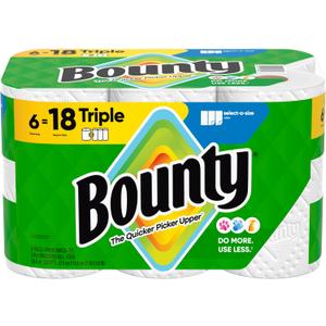 Bounty Paper Towels Select-A-Size, White, 6 Triple Rolls = 18 Regular Rolls