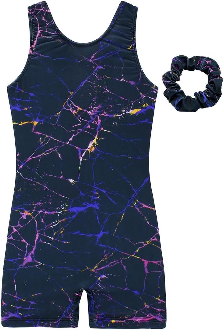 JESKIDS Leotards for Girls Gymnastics with Shorts Dance Biketards Tumbling Matching Hair Scrunchie 3~15 Years (Purple Crack)