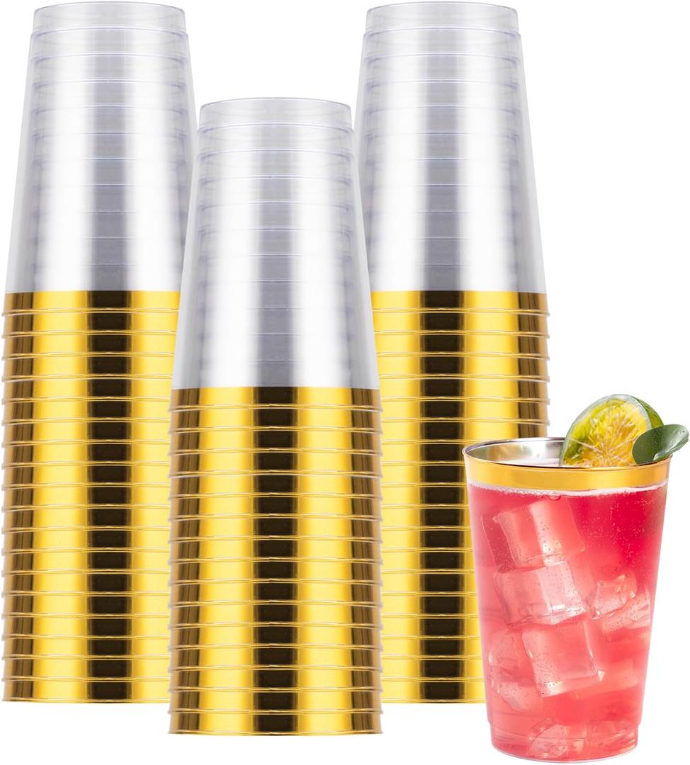 Goodluck 50PCS 12oz Gold Plastic Cups for Party, Disposable Gold Rim Cups, Plastic Cocktail Glasses for Wedding Thanksgiving, Christmas, and Parties