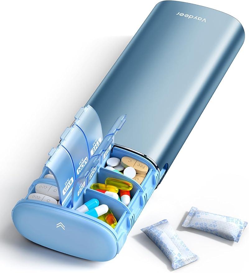 Vaydeer Metal 7 Day Pill Organizer 2 Times a Day AM PM Weekly Travel Pill Case with Moisture-Proof Desiccant, Airtight Large Capacity Pill Box for Vitamins, Medications & Supplements (Blue)