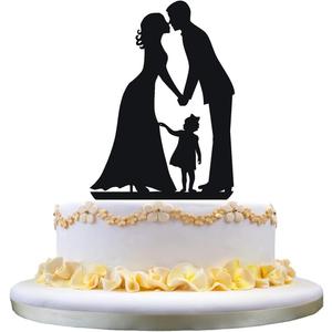 Wedding Cake Topper Silhouette Groom kiss Bride with little Girl daughter