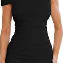 Women Sexy Off Shoulder Mini Dresses Bodycon Ruched Ruffle Hem Club Party Short Dress (S)