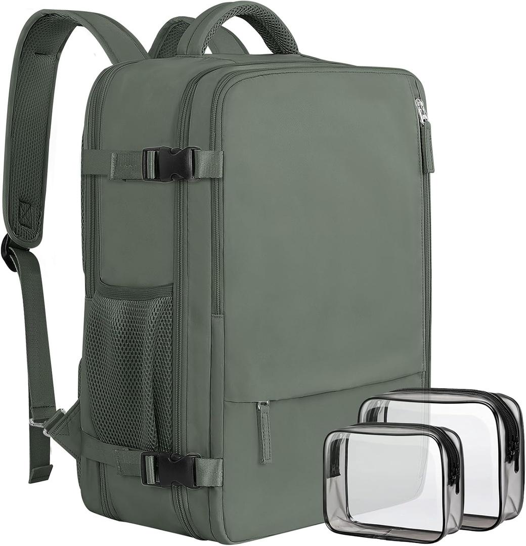 Large Expandable Travel Backpack for Men and Women, 17 Inch Laptop, Waterproof, Casual, College Bookbag, Backpack for Women, as Person Item Flight Approved (Olive Green)