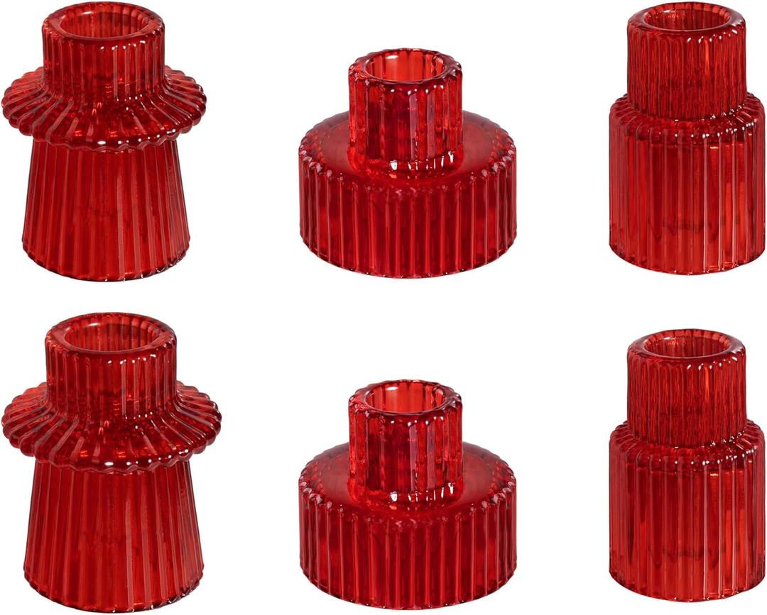 WELLIFE 6 Pcs Red Taper Candle Holder, Glass Candlestick Holder, Red Tapered Candlestick Holders for Party, Wedding Decorations, Table Centerpieces and Christmas