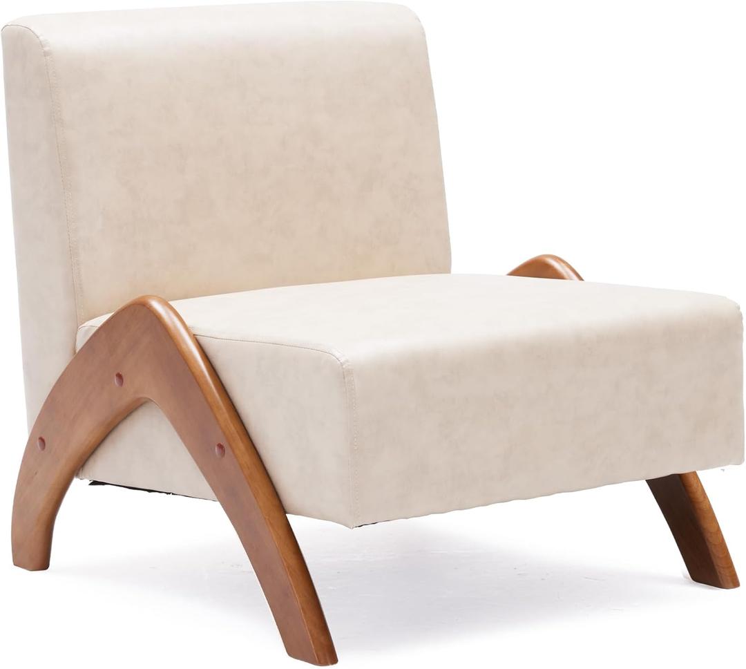 Oversized Accent Chair, upholstered armless mid Century Modern Living Room Chair with Wooden Legs for Bedroom/Office/Cafe, Faux Leather Ivory