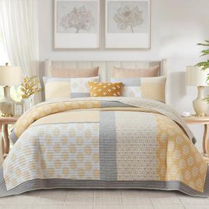 Finlonte Twin Quilt Set, 100% Cotton Twin Comforter Set, Yellow Grey Farmhouse Quilted Bedspread, Patchwork Lightweight Reversible Quilt Bedding Set for Twin Bed, 2-Pieces (Twin (68"x86"), Yellow/Gray/White)