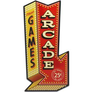 Arcade Games Arrow Metal Sign - Vintage Arcade Sign for Game Room or Man Cave (Red/Gold)