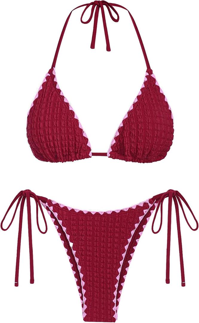 ZAFUL Bikini Sets for Women Halter Two Piece Swimsuit Ribbed High Cut Tie Side Thong Bathing Suit Sexy Padded Swimwear, small