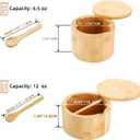 Natural bamboo Salt and Pepper Bowl, Bamboo Salt Cellar and Spices Storage Box With Built-in Spoon and Magnetic Swivel Lid (Two Compartments)