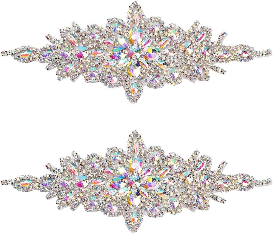 FINGERINSPIRE 2PCS Rhinestone Applique Patches (Silver, 9.5x3.7 inch) Glitter AB Color Crystal Rhinestone Iron On Patches Flower Wedding Belt Applique Hotfix Patches for Women Bridal Dress