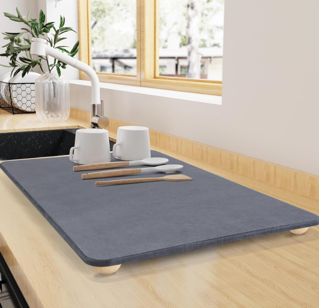 Large Stone Dish Drying Mat for Kitchen Counter, 24"×16" Quick Dry Super Absorbent Eco-Friendly Diatomaceous Earth Stone Mat with hemisphere wooden feet, Non-slip, Heat Resistant, Multi-purpose mats