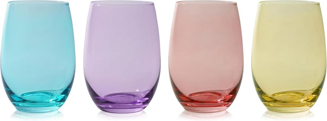 TRUE Vino Stemless Wine Glasses in Pastels, Durable and Colorful Tumblers for Cocktails, Mocktails, Beverages, Juices, Smoothie and Milkshake Drinking Glass, Drinkware, 18.5 oz, Set of 4, Multicolor
