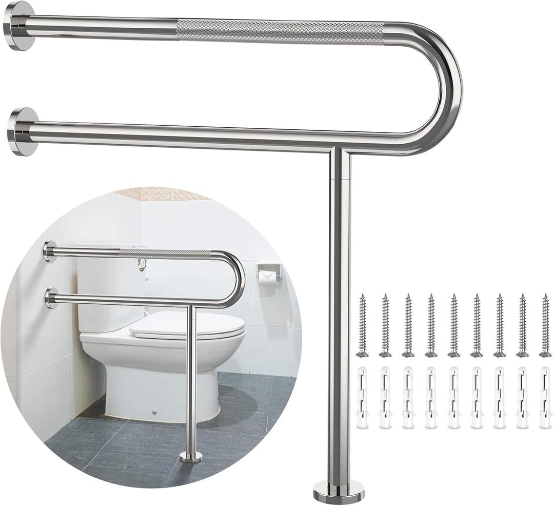 Toilet Support Rail 31.3X 31.5 Inch, Munzong Anti-Slip Chrome Handicap Grab Bar for Bathroom, Stainless Steel Knurled Safety handrails with Leg for Elderly Disabled Pregnant-1.25Tube