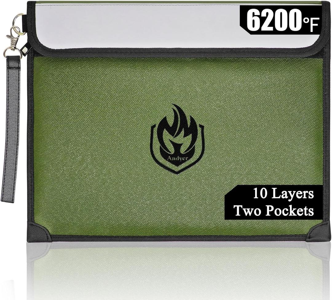 2 Pockets Fireproof Document Bag 6200F, 10 Layers Waterproof Fireproof Money Bag for Cash with Reflective Strip, Heat Insulated Waterproof Document Holder Pouch, Fire Safe Storage (Green)