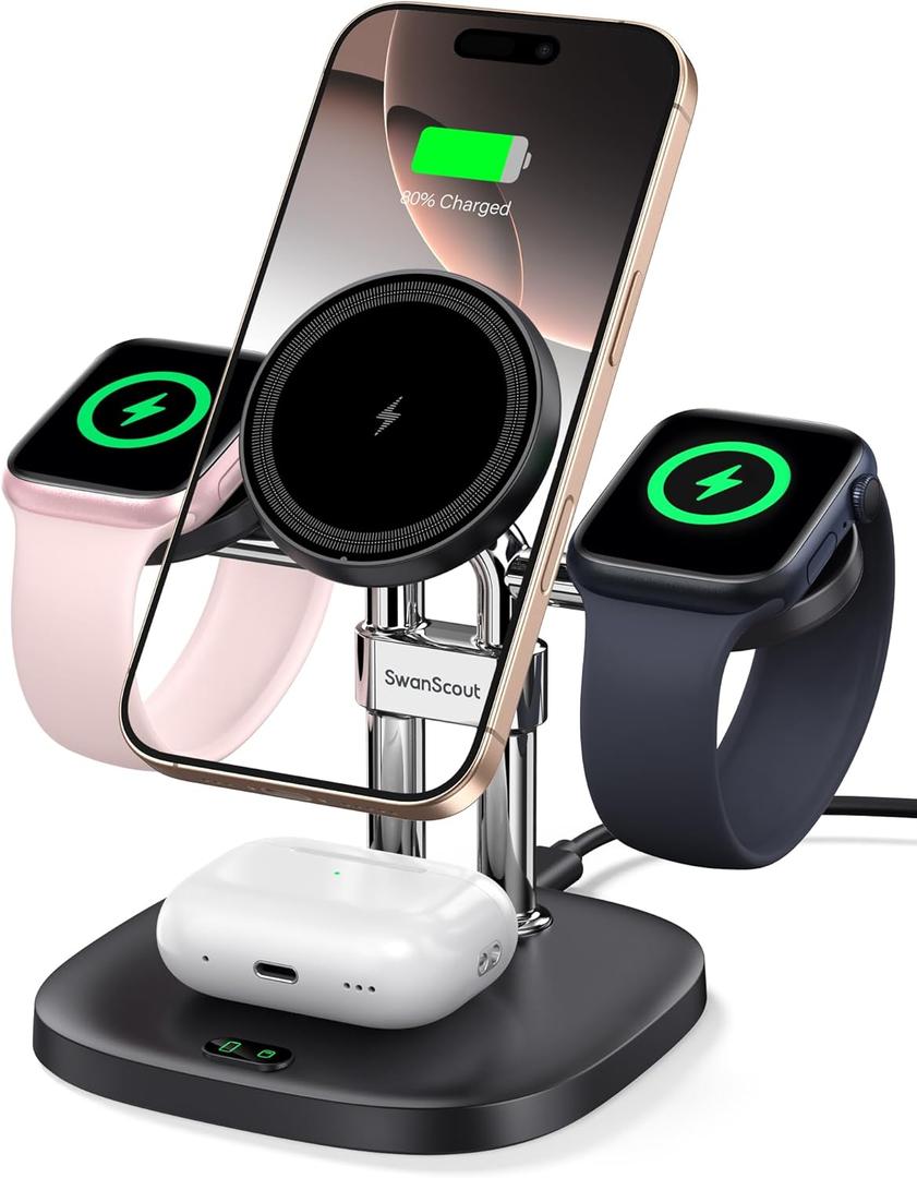 Dual Fast Charger for Apple Watch 11, Magnetic Wireless Charger Stand for iPhone Air/17 Pro Max/17 Pro/17/16/15/14, Charging Station for Apple Watch Ultra 3/SE 3/10/9/8/7/6, Airpods, SwanScout 709M (Black)