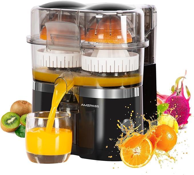 Dual-Head Electric Citrus Juicer, Lemon Squeezer with Power Cord and Cleaning Brush, 1-Button Automatic Juicer Machine for Orange, Lemon, Lime, Easy to Clean & Use, Built-in Cutter(Black)