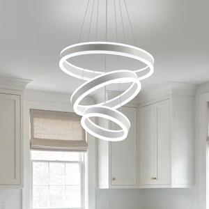 O'NEELDY Modern LED Chandeliers Adjustable Hanging White Pendant Light Fixture 3 Ring Flush Mount Chandeliers for Bedroom,Kitchen,Island Cafe, 16x16x47 inches