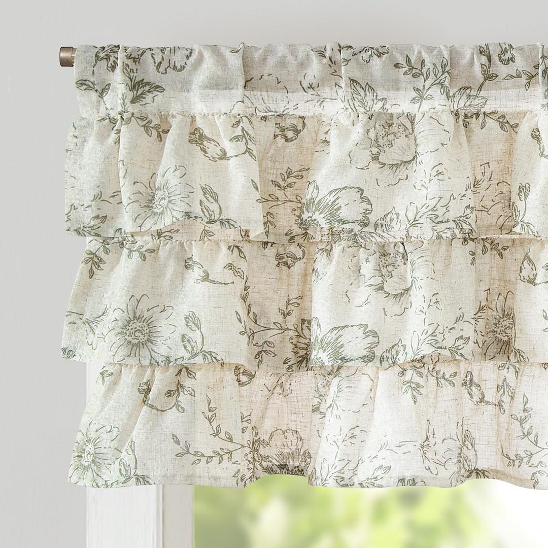 jinchan Ruffled Floral Valance Linen Shabby Chic Small Window Curtain 18 Inch Farmhouse Kitchen Valance for Bedroom Living Room Decor Cottage Rustic Window Treatments 1 Panel Green on Beige