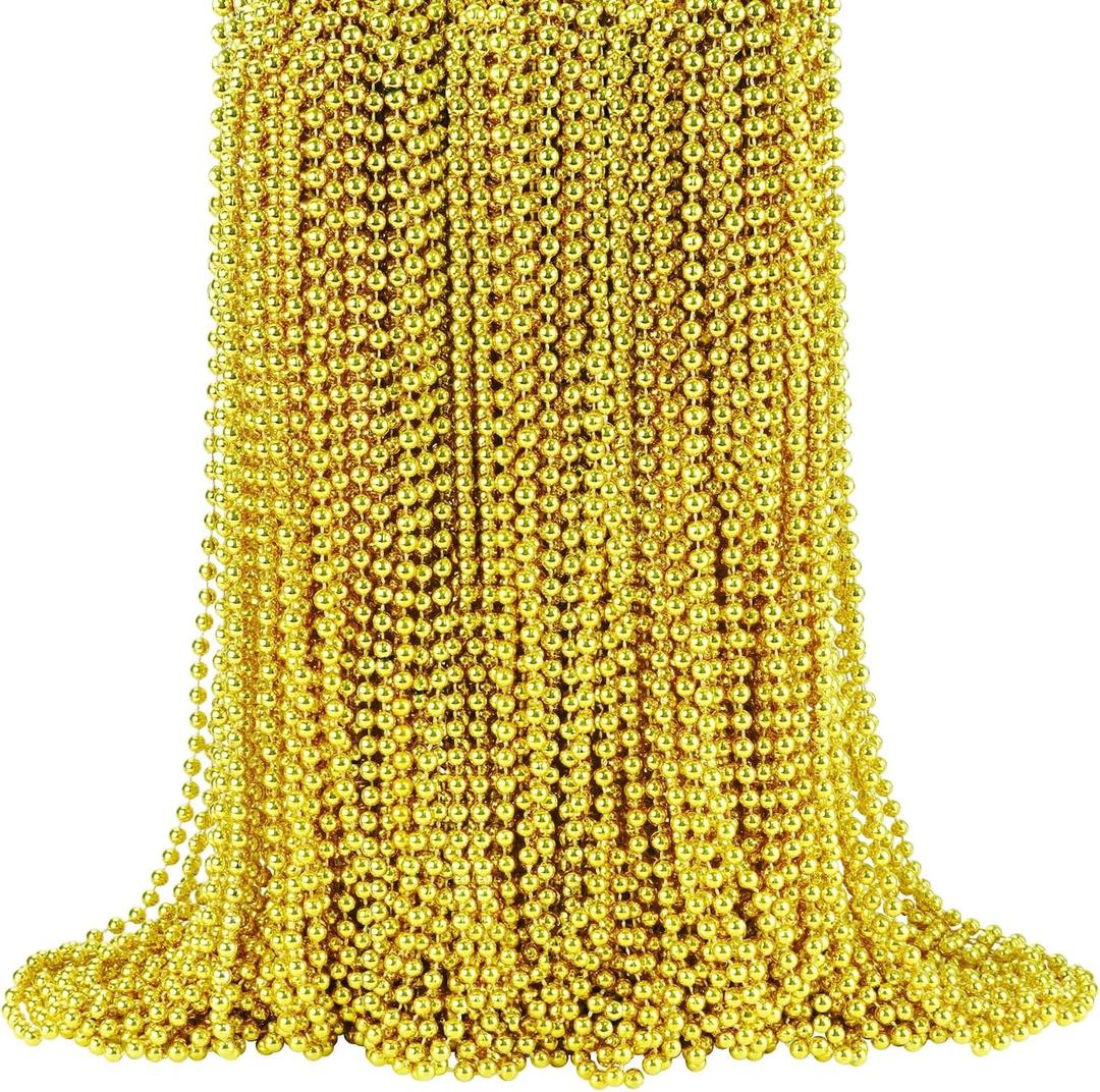 144 PCS Gold Mardi Gras Beads, Christmas Necklaces, 33'' 7 mm Metallic Party Beads Necklaces Bulk for Mardi Gras, Christmas, New Year's Day, Carnival Party Favors