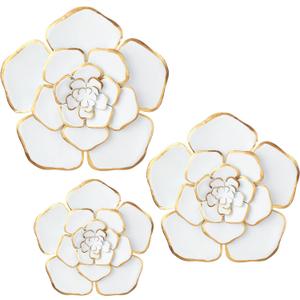 Chuangdi 3 Pieces Large Wall Metal Flowers Multiple Layer Home Decoration for Indoor Outdoor Home Garden Office Living Room Garden Porch Patio (White and Gold,Assorted Sizes)