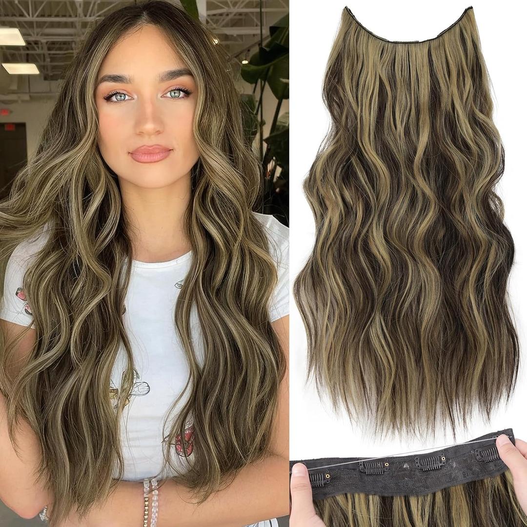 KooKaStyle Invisible Wire Hair Extensions with Transparent Headband Adjustable Size 4 Secure Clips Long Wavy Secret Wire Hairpiece 20 Inch Light Brown mix Ash Blonde P10/15A for Women