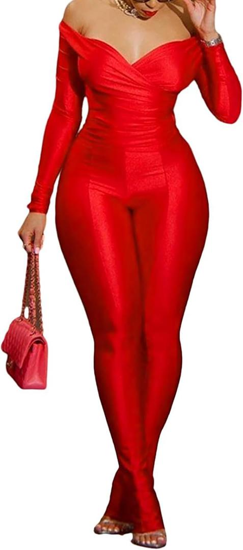 Womens Sexy 2 Piece Outfits Off Shoulder Deep V Neck Tops Slit Hem Flare Pants Sparkly Jumpsuit Set Clubwear (XX-Large, Red)
