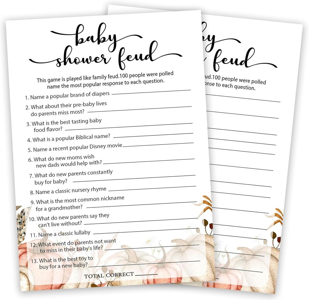 Baby Shower Game Cards, Fall Baby Shower Feud Game Kit, Gender Reveal Party Supplies Favors, Pumpkins Baby Shower Activity Decorations, Baby Shower Gifts, 25 Game Cards Included -03