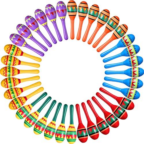 Hungdao 36 Pcs Mini Mexican Fiesta Wooden Maracas Bulk 6 Designs Wooden Maracas Noisemaker for Fiesta Party Favors Cinco De Mayo Party Supplies Decor Taco Tuesday Event Luau Game (Classic Style)