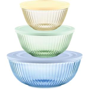 Pyrex Year Of Color Sculpted (3-Pack| 1.3 QT, 2.3 QT, 4.5 QT) Tinted Glass Mixing Bowls Set With Lids For Prepping, Baking and Cooking, Preheated Oven, Dishwasher, Freezer, and Microwave Safe