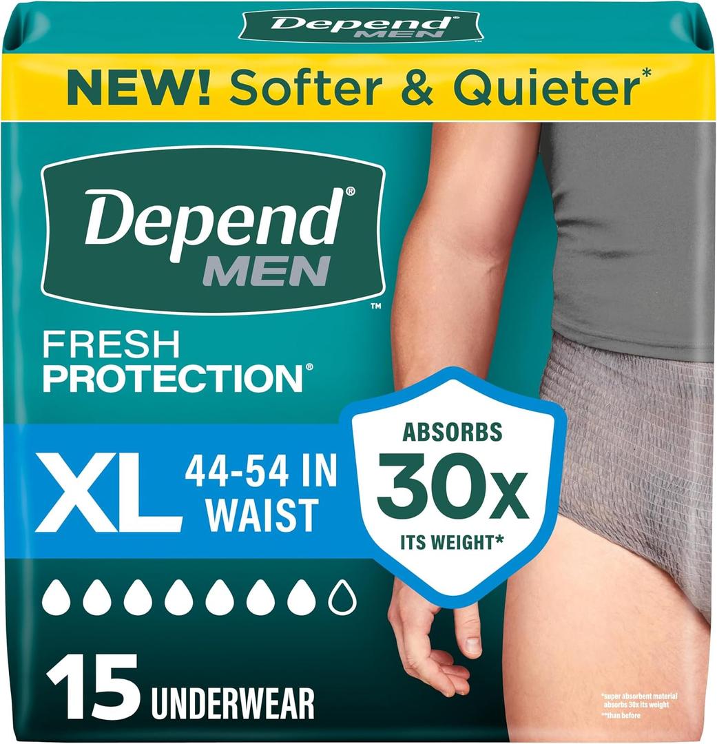 Depend Fresh Protection Adult Diapers, Incontinence Underwear for Men, Disposable, Maximum, Extra-Large, Grey, 15 Count