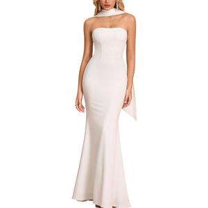 GLNEGE Women's Bodycon Formal Wedding Guest Maxi Dresses with Scarf Summer Strapless Elegant Cocktail Party Dress 2026 (White, L)