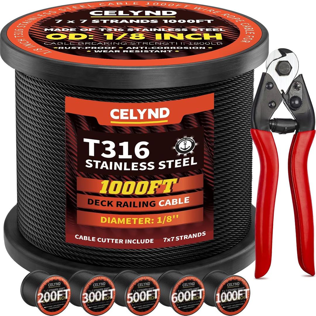 Black Stainless Steel Cable for Railing - 1000FT 1/8" T316 Wire Rope for Deck Cable Railing System Kit, 0.13 inches