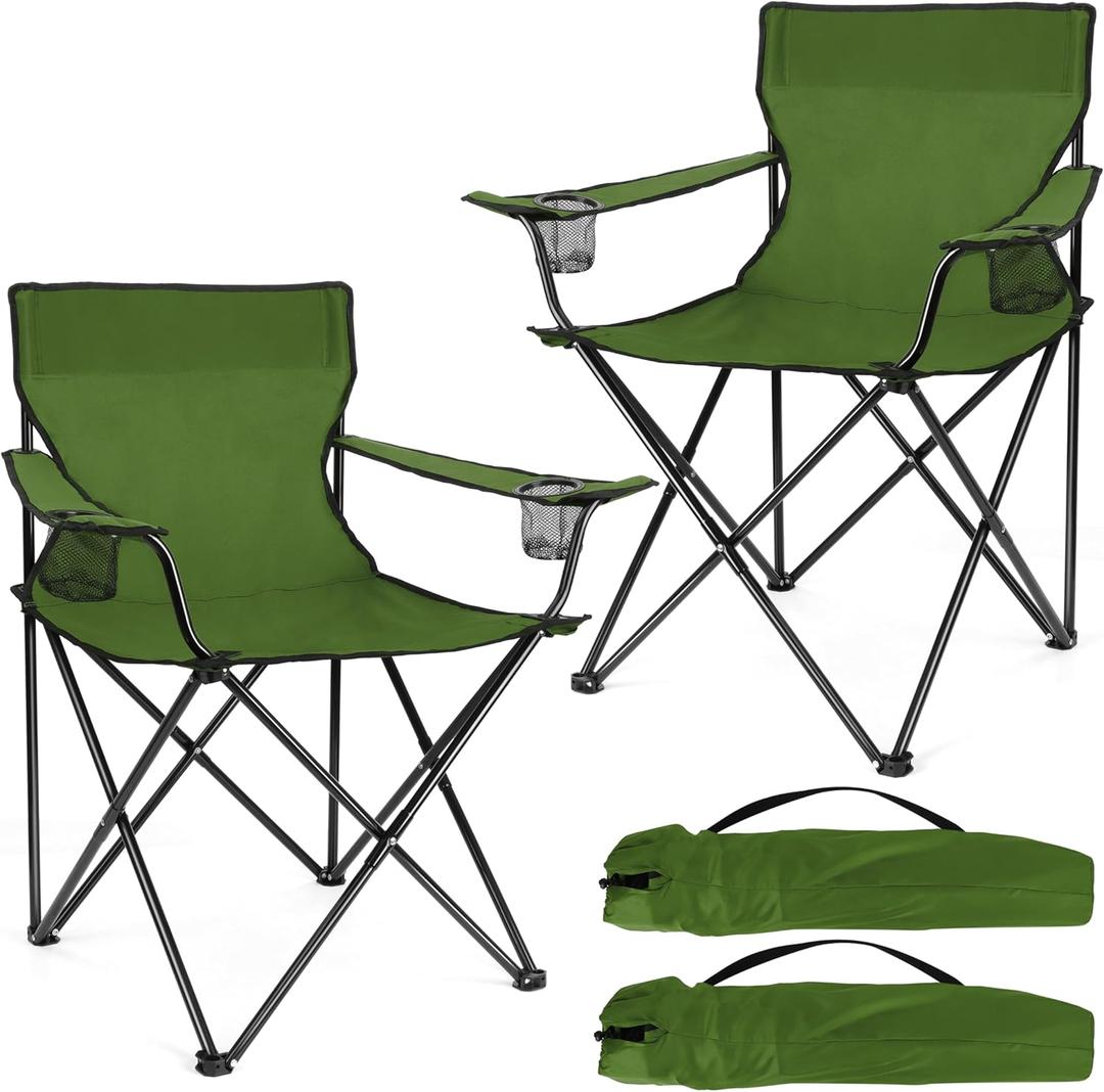 Joyfair Portable Camping Chair, Outdoor Lawn Folding Chairs for Adults, Heavy Duty Large Foldable Chairs for Beach, Fishing, Tailgating and More Outdoor Sport, Carry Bag & Cup Holder (2, Olive Green)