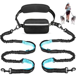 Hands Free Dog Running Leash with Adjustable Waist Belt, Dual Handle Elastic Bungees Retractable Rope for Medium and Large Dogs, Reflective Stitches for Walking Hiking Biking (Large, 25-120lb)