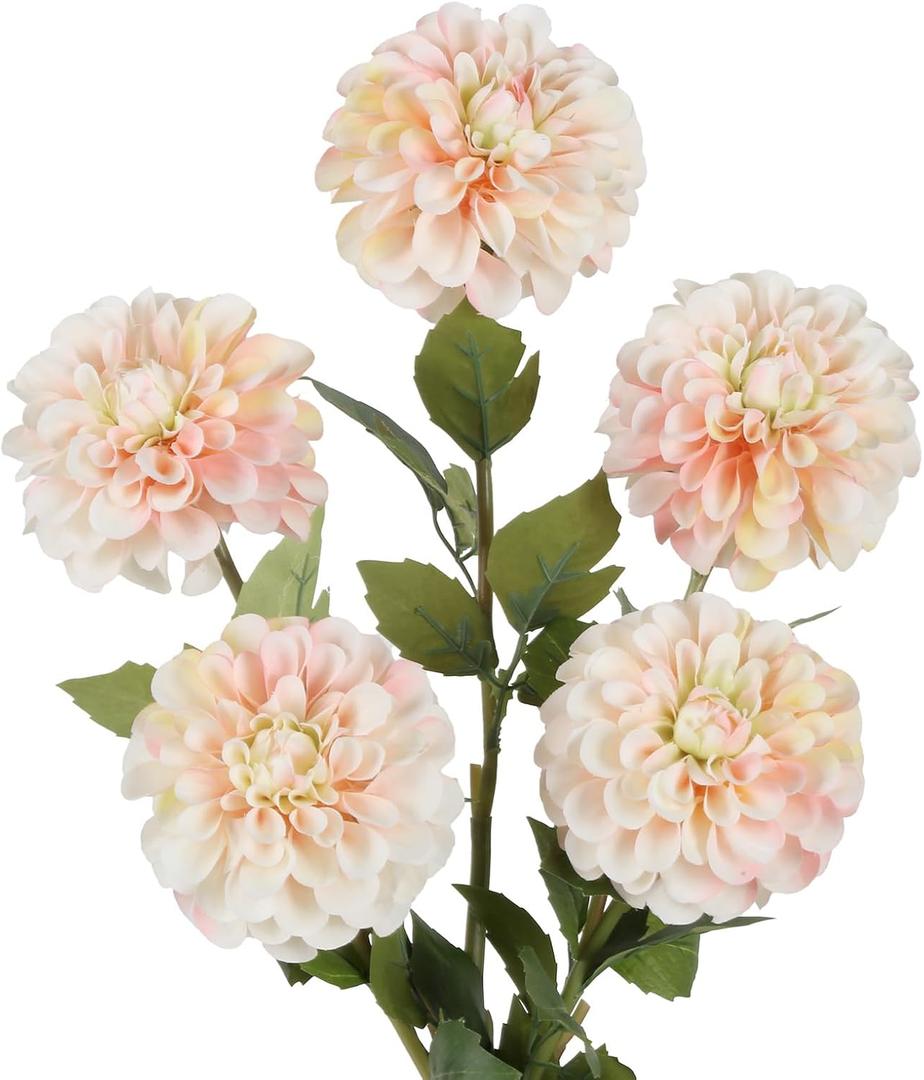 IPOPU Pink Dahlia Artificial Flowers 5 Pcs Long Stem Silk Dahlia Flowers 27 for Bathroom Tall Vase Wedding Anniversary Centerpiece Aisle Outdoor Decor(Champagne&Pink)