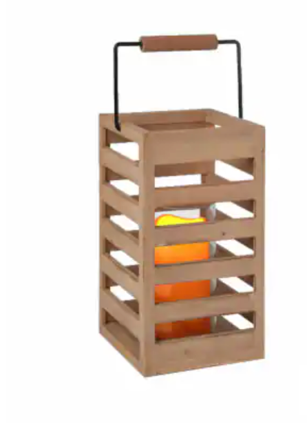 slatted wooden lantern with a black metal handle and natural finish 11"