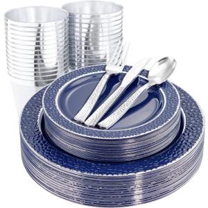 Ciaell 150 PCS Blue and Silver Plastic Plates - Blue Disposable Plate include 50 Plates, 25 Knives, 25 Forks, 25 Spoons, 25 Cups for Weddings & Party & Graduation