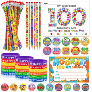 Cinrobiye 180 Pcs 100 Days of School Awards Set, Happy 100th Day Certificate of Award Rubber Bracelets Wristbands Coloring Posters Pencils 100 Days Smarter Badges Pins Stickers for School Party