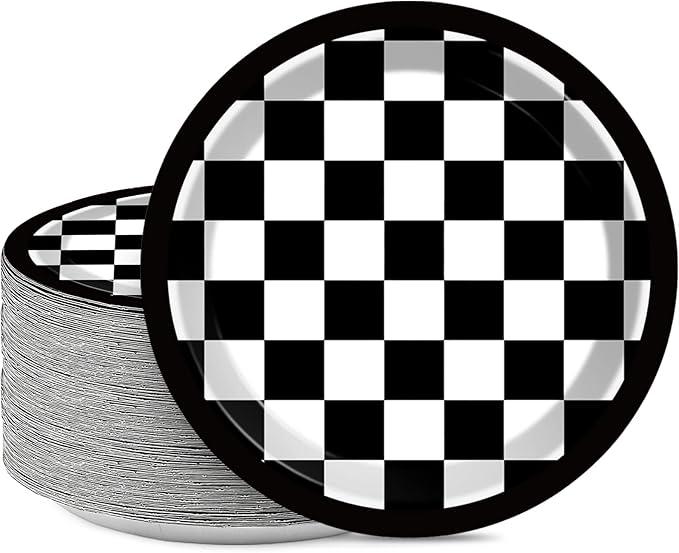 48 Pieces Black and White Checkered Flag Party Paper Plates for Race Car Party Supplies 7" Racing Car Theme Disposable Dessert Plates for Boys Men Birthday Baby Shower Race Fans Party Decorations