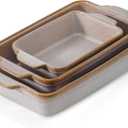 HVH 9x13 Baking Dish Set, Large Casserole Dishes for Oven, Ceramic Bakeware Set of 3, Rectangular Lasagne Pan Deep for Baking (Sand Color)