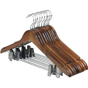 10 Pack Wooden Hangers with Clips High-Grade Wooden Suit Hangers Skirt Hangers with Clips S Wood Hanger with Durable Metal Clips for Blouse, Dress, Coat, Jacket (Vintage)