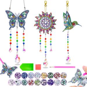 Diamond Art Kits for Kids Ages 6-12: Birthday Gifts for 7 8 9 10 Year Old Girls Teens Creative Arts & Crafts for Girls Boys DIY Wind Chime & Suncatcher Craft Kit Crystal Window Garden Decor Kit (3pcs-01)