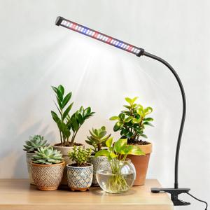 LED Grow Light, 5700K Full Spectrum Clip Plant Growing Lamp with White Red LEDs for Indoor Plants, 5-Levels Dimmable, Auto On Off Timing 4/8/12/18Hrs(Single Head)