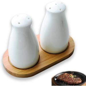 Ceramic Salt and Pepper Shakers Set with a Bamboo Tray,Farmhouse White Salt Shaker for Cooking,Travel,BBQ, Kitchen and Resturant Decor Set of 2