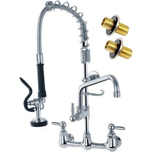 Commercial Sink Faucet with Sprayer, Wall Mount, 12' Swing Spout, 8 Adjustable Center, 25' Height for Restaurant Compartment Sink, Industrial, Chrome